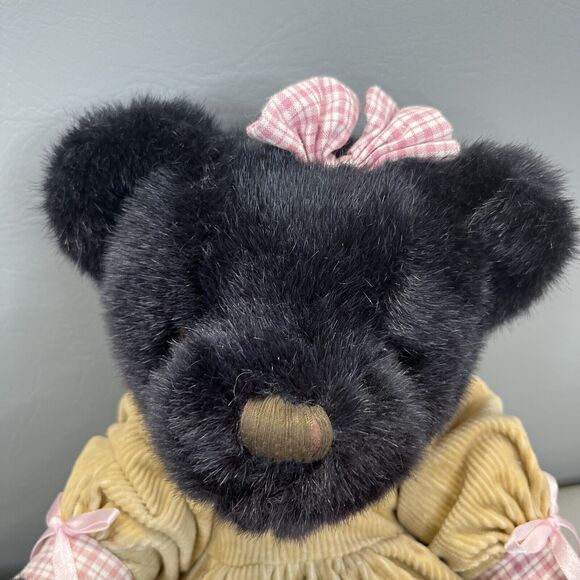 SKM Enterprises Black Teddy Bear Beige Corduroy Dress Plush Stuffed Toy Vintage - Picture 3 of 14